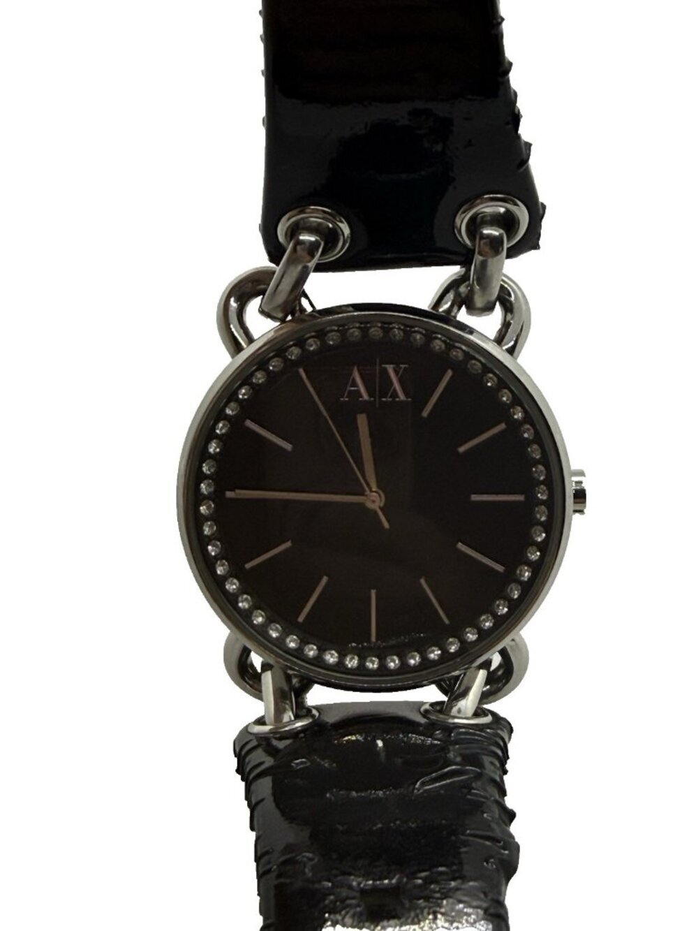 AX Armani Exchange Women's Watch Silver Black Leather Bracelet AX3078 Stainless